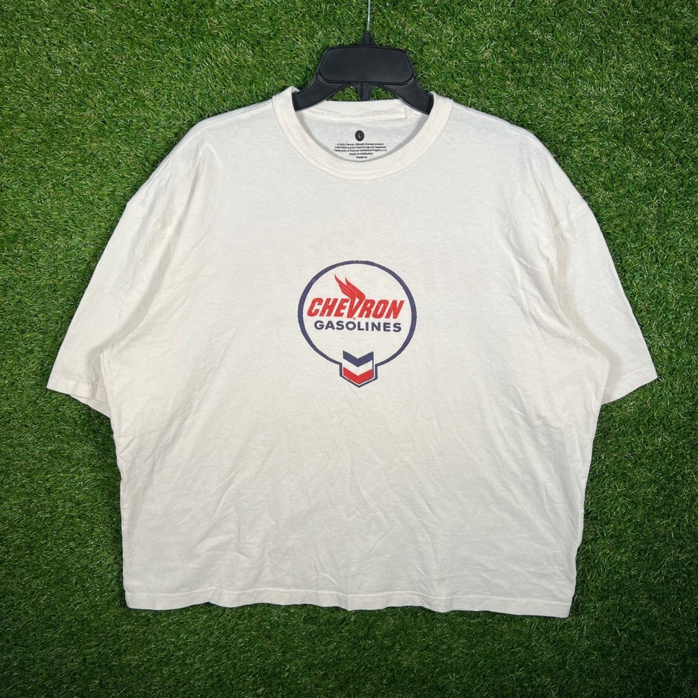 Chevron Gasolines Graphic T-Shirt Mens Large Cream Boxy Fit Double Sided Print